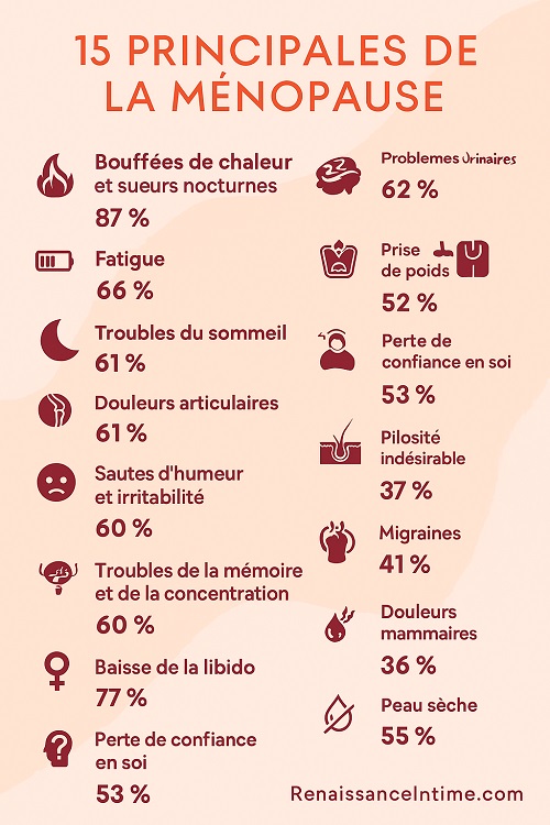 Infographie montrant les 15 symptômes principaux de la ménopause avec statistiques