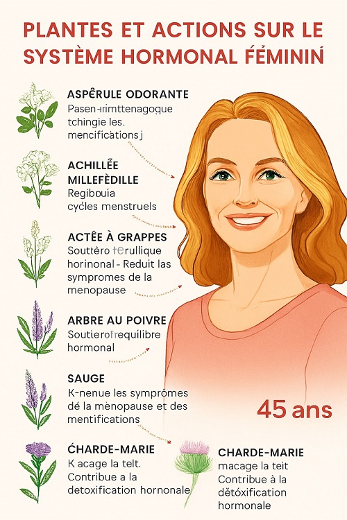 infographie montrant les plantes et leurs actions sur le système hormonal féminin