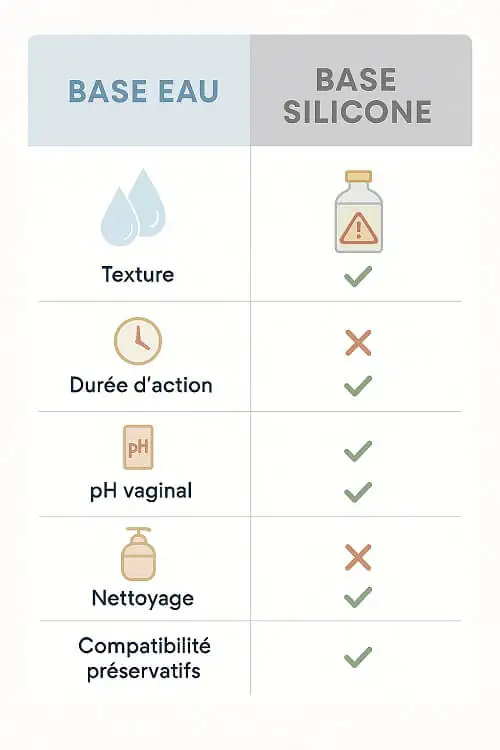 Tableau comparatif lubrifiant base eau versus silicone pour ménopause montrant avantages inconvénients pH vaginal compatibilité